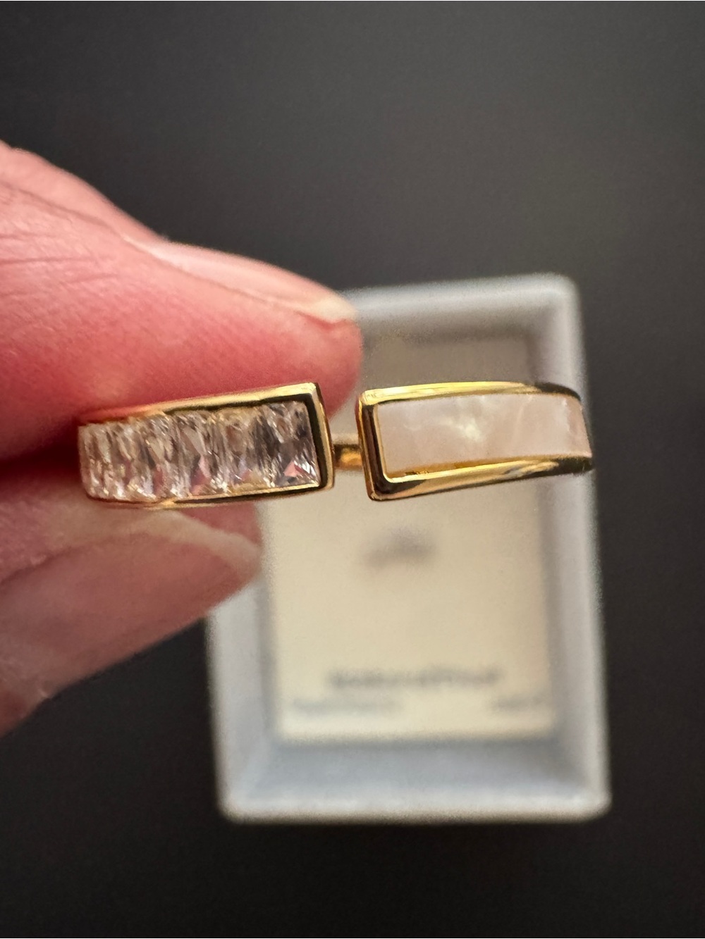 Mother of Pearl Gold Open Ring with Clear Stones and Iridescent Inlay